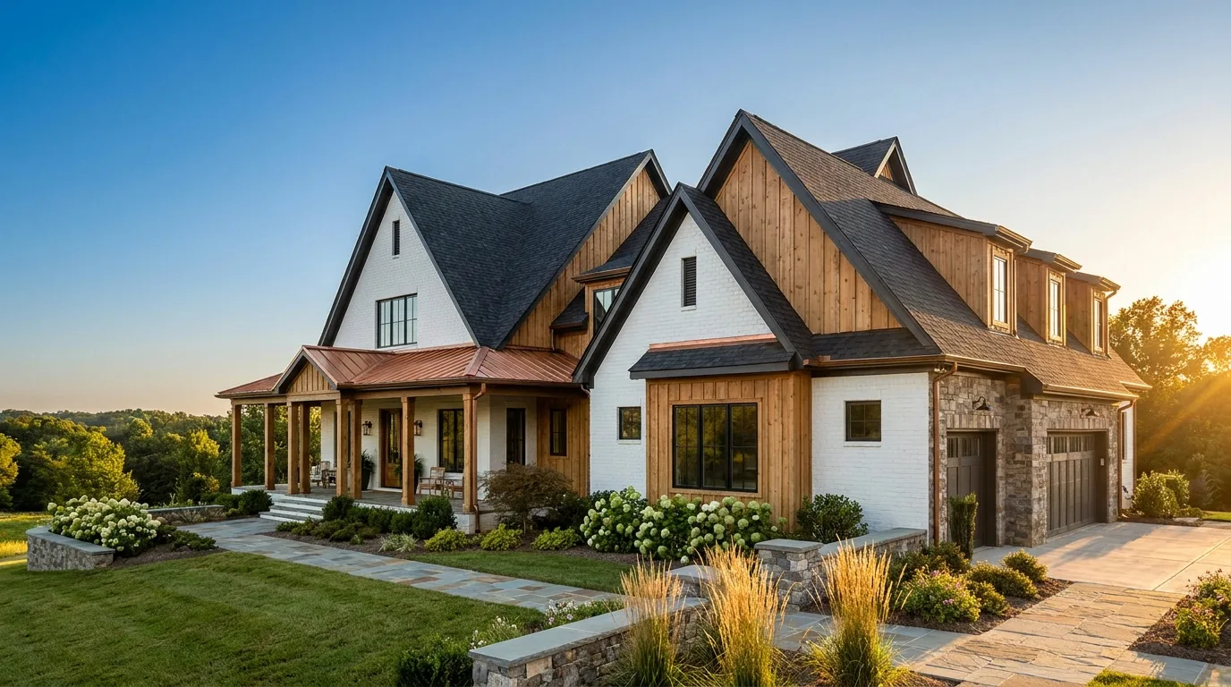 New home exterior with white brick, cedar siding and a copper porch roof at sunset